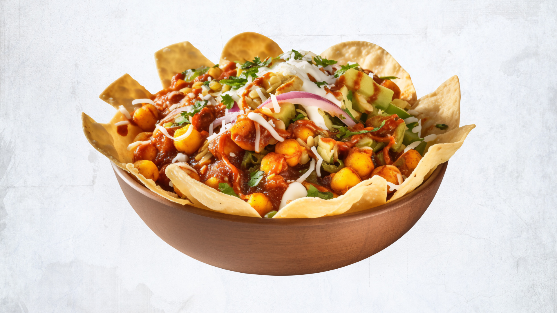 Crispy samosas topped with chutneys, spiced chickpeas, and herbs for a burst of flavor.